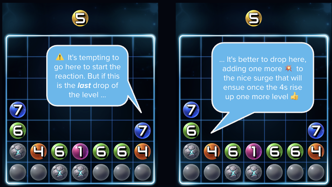 Spark7 example: a level rise triggers a column-height match without requiring a player move